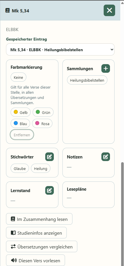 Überblick zu einer Bibelstelle mit Sammlungen, Notizen und Lernstand