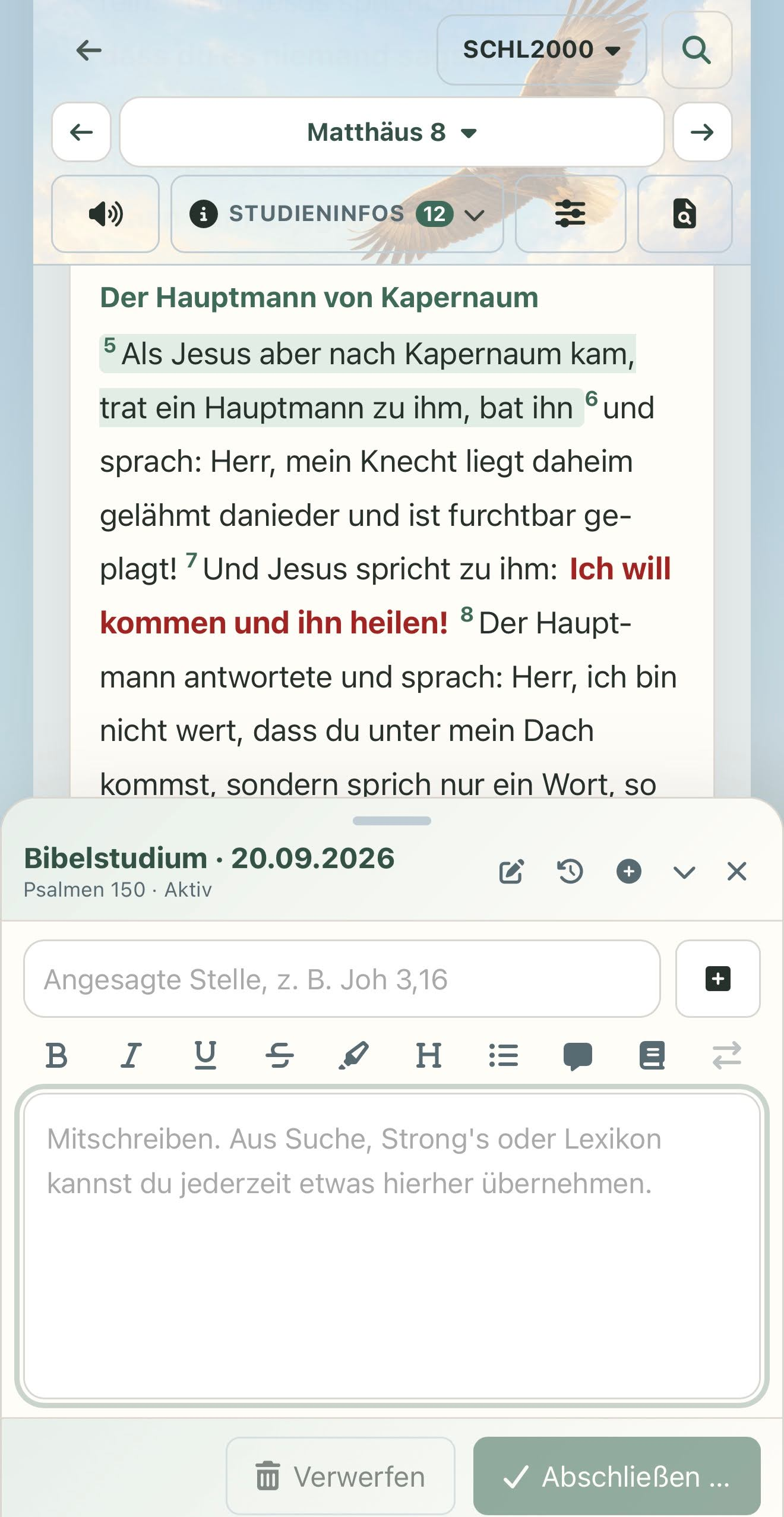Mitschrift auf dem Handy am unteren Bildschirmrand