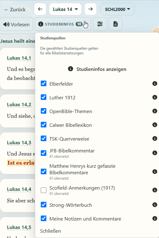 Auswahl der Studienquellen in der Leseleiste