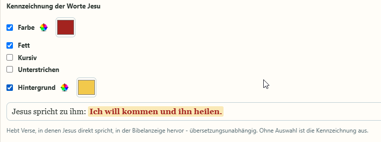 Einstellungen zur Kennzeichnung der Worte Jesu mit Vorschau