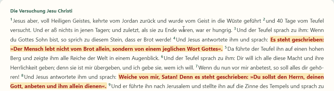 Bibeltext (als Fliesstext) mit farbig hervorgehobenen Worten Jesu